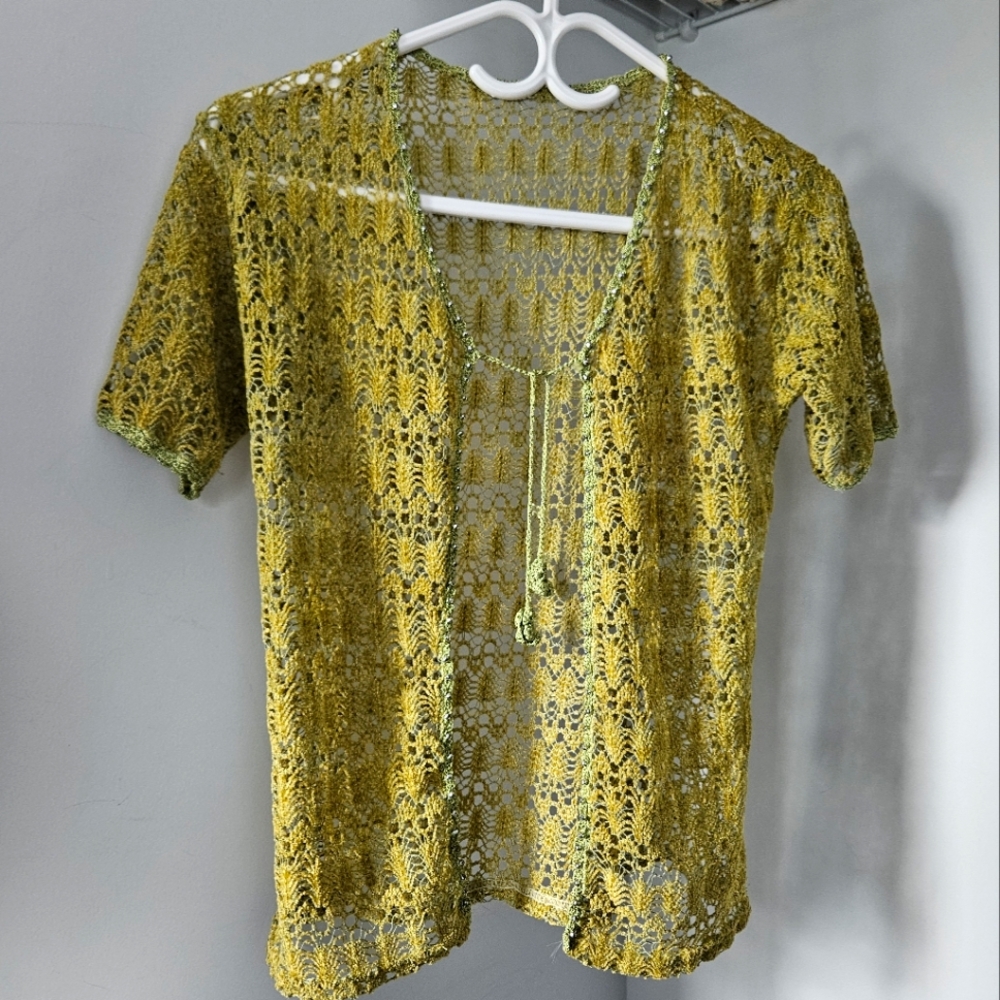 Crochet Lime Green Tie-front beaded short sleeve top